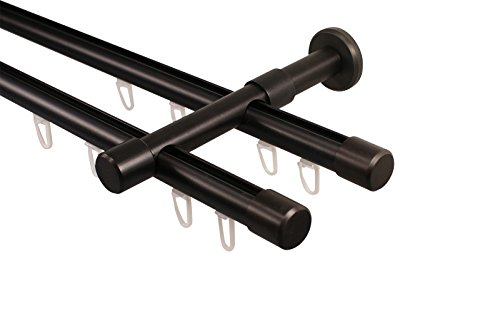 iso-design Gardinenstange Innenlauf 2-läufig schwarz 20 mm Durchmesser, Wandmontage, Gardinenstangenkomplettset aus Metall mit Wandhaltern und Endstück Kappe, 180 cm von iso-design