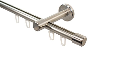 iso-design Gardinenstange Innenlauf 1-läufig 16 mm Durchmesser Farbe Edelstahl Wandmontage Innenlaufstange aus Metall Wandabstand 7 cm, Endstück Kappe, 360 cm (2 x 180 cm) von iso-design