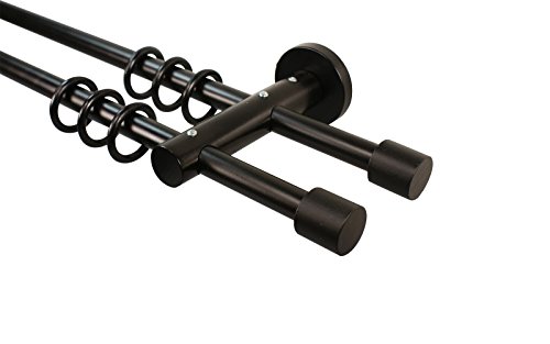 Gardinenstangen 2-läufig 16 mm aus Metall und Holz Schwarz Endstück Kappe, 320 cm (2 x 160 cm) von iso-design