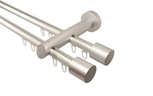 Innenlauf Gardinenstange 2-läufig aus Aluminium und Holz alu silber, 20 mm, Endstück Kappe, 360 cm (2 x 180 cm) von iso-design