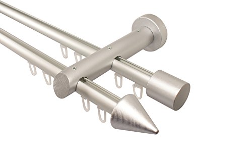 Innenlauf Gardinenstange 2-läufig aus Aluminium und Holz alu silber, 20 mm, Endstück Kegel, 240 cm (2 x 120 cm) von iso-design