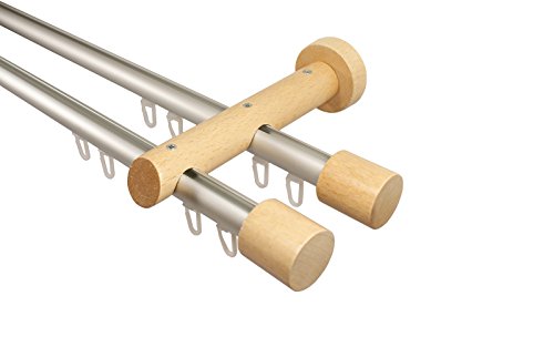 Innenlauf Gardinenstange 2-läufig aus Aluminium und Holz in Buche, 20 mm, Endstück Kappe, 480 cm (3 x 160 cm) von iso-design