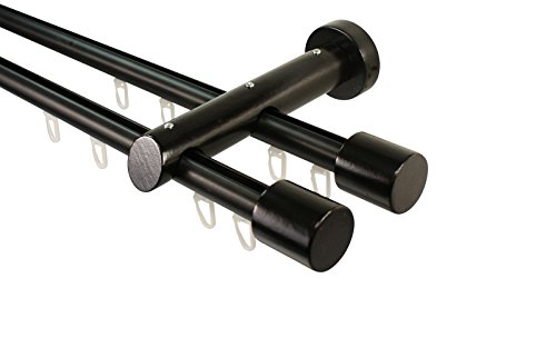 Innenlauf Gardinenstange 2-läufig aus Aluminium und Holz schwarz, 20 mm, Endstück Kappe, 120 cm von iso-design