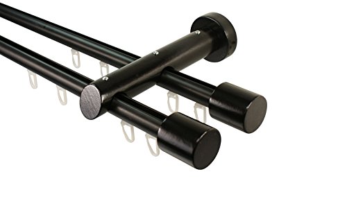 Innenlauf Gardinenstange 2-läufig aus Aluminium und Holz schwarz, 20 mm, Endstück Kappe, 480 cm (3 x 160 cm) von iso-design