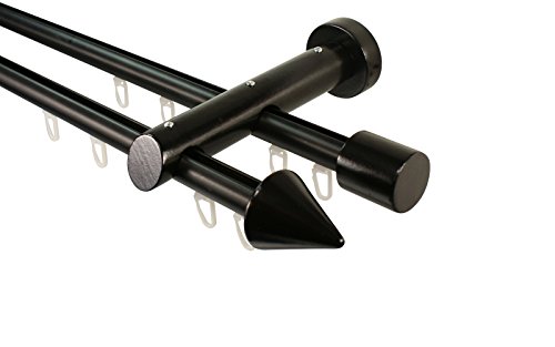 Innenlauf Gardinenstange 2-läufig aus Aluminium und Holz schwarz, 20 mm, Endstück Kegel, 320 cm (2 x 160 cm) von iso-design