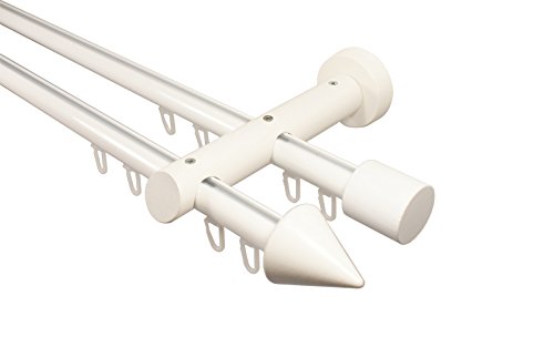 Innenlauf Gardinenstange 2-läufig aus Aluminium und Holz weiß, 20 mm, Endstück Kegel, 140 cm von iso-design