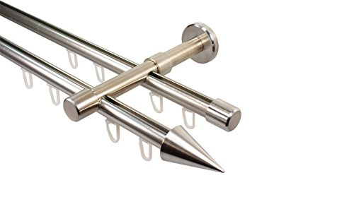Innenlauf Gardinenstange 2-läufig 16 mm Durchmesser Farbe Edelstahl Wandmontage Vorhangstange aus Metall Endstück Spitze, 240 cm (2 x 120 cm) von iso-design