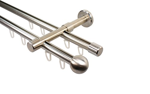iso-design Gardinenstange 2-läufig mit Innenlauf in Farbe Edelstahl Innenlaufstange mit 16 mm Durchmesser Aluminium, Endstück Kugel, 240 cm (2 x 120 cm) von iso-design