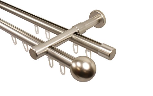 iso-design Gardinenstange Innenlauf 2-läufig 20 mm Durchmesser Farbe Edelstahl Wandmontage Gardinenstangenkomplettset aus Metall, Innenlaufstange, Endstück Kugel, 420 cm (3 x 140 cm) von iso-design