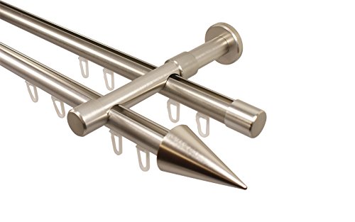 iso-design Innenlauf Gardinenstangen 2-läufig 20 mm Durchmesser Farbe Edelstahl Wandmontage Innenlaufstangen inklusive Gleitern und Endstück Spitze, 180 cm von iso-design