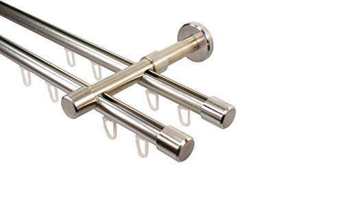 iso-design Gardinenstange mit Innenlauf 2-läufig 16 mm Durchmesser Farbe Edelstahl Wandmontage Innenlaufstange aus Metall Endstück Kappe, 180 cm von iso-design