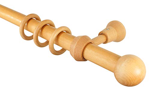 iso-design Holz Gardinenstange mit Endstück Kugel Farbe Eiche hell, 28 mm Durchmesser, 260 cm mittig geteilt von iso-design