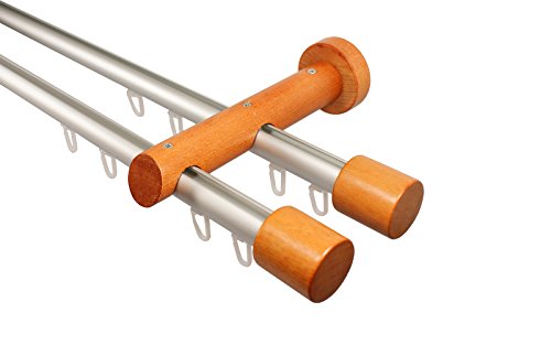 iso-design Innenlauf Gardinenstange 2-läufig aus Aluminium und Holz in Kirsch, 20 mm, Endstück Kappe, 240 cm (2 x 120 cm) von iso-design