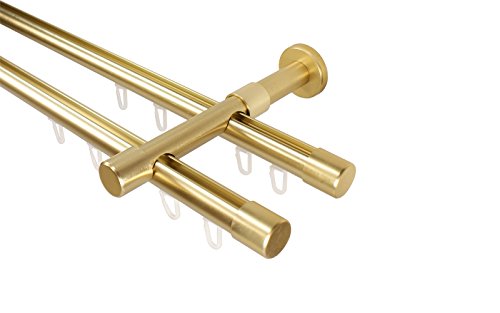 iso-design Innenlauf Gardinenstangen 2-läufig Farbe Messing matt, 20 mm Durchmesser, Wandmontage, Gardinenstangenkomplettset aus Metall mit Wandhaltern und Endstücken Kappe, 180 cm von iso-design