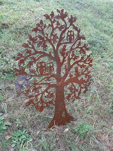 iss-kohli Edelrost Sichtschutzwand Gartendeko rost Stele 120 cm hoch 80 cm breit Baum Linde mit Eule - Eulen von iss-kohli