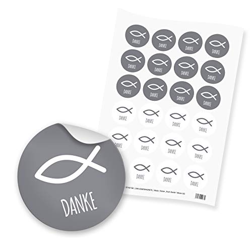 24x itenga Sticker Aufkleber Fisch Taufe Kommunion Konfirmation Firmung Gastgeschenk für Jungen und Mädchen (Grau mit Text) von itenga