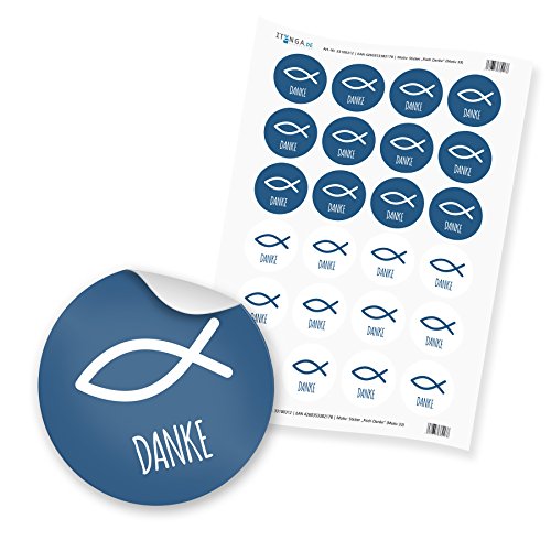 24x itenga Sticker Aufkleber Fisch Taufe Kommunion Konfirmation Firmung Gastgeschenk für Jungen und Mädchen (Blau mit Text) von itenga