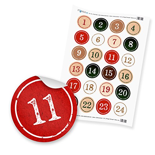 Adventskalender Zahlen 1-24 Aufkleber Sticker 4cm StempelDesign grün rot weiß Hochglanz von itenga
