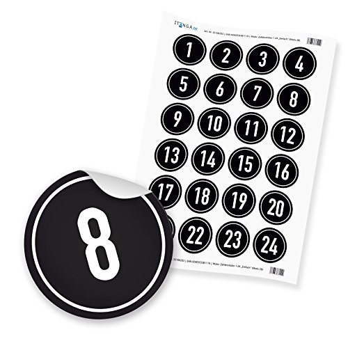 Adventskalenderzahlen 4cm Zahlensticker 1-24 schwarz weiß Zahl weiß Hochglanz von itenga