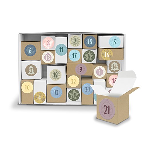 DIY itenga Adventskalender Komplettset V12 zum Selberbefüllen und Karton zum Aufstellen 24x Geschenkoxen aus Kraftkarton + ZahlenSticker (Motiv Z17 Pastell klassisch) von itenga