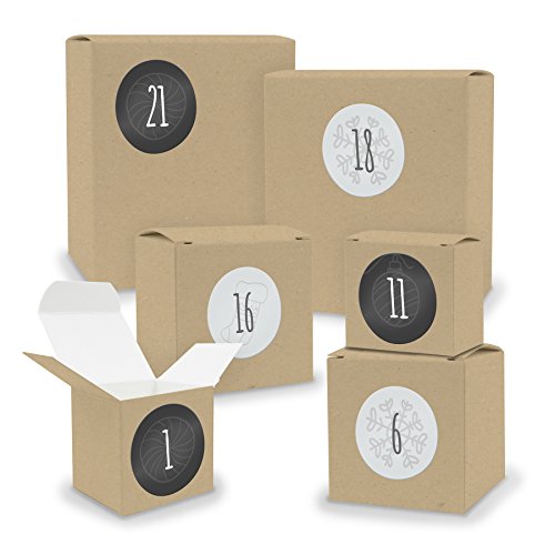 DIY itenga Adventskalender Set V02 zum Selberbefüllen 24 Schachteln Quader und Würfel gemischt BRAUN Kraftkarton + ZahlenSticker (Motiv Z13 Grautöne Schlicht) von itenga