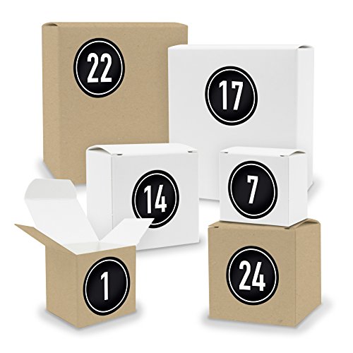 DIY itenga AdventskalenderSet V03 zum Selberbefüllen 24x Quader Würfel gemischt WEISS/BRAUN (Kraftkarton) + Sticker (Motiv Z08 schwarz) von itenga
