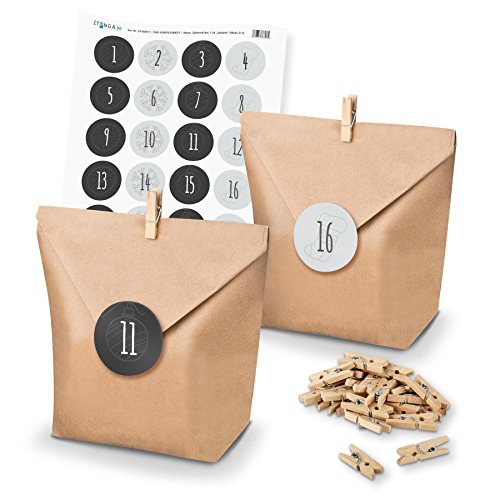 DIY itenga AdventskalenderSet zum Selberbefüllen Geschenktüten + Klammern + Sticker (Adventskalenderzahlen) (Motiv Z13 Grautöne Schlicht) von itenga