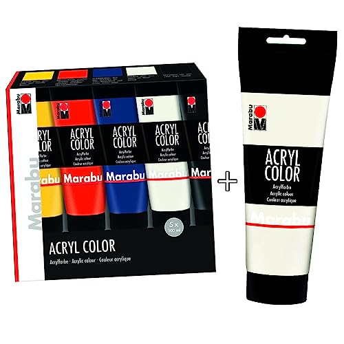ProduktBundle - Marabu Acryl Color 5er Set plus 1x 225ml weiß zusätzlich - Marabu 1201000000087 - Acryl Color Set, 5 x 100 ml in gelb, zinnoberrot, dunkelblau, weiß schwarz Acrylfarbe auf Wasserbasis von itenga
