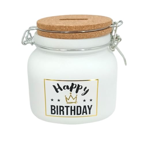 Sparglas mit Kork Deckel - Wunscherfüller Spardose Sparbüchse als Geschenk - 13 x 13 x14 cm - mit Motivdruck (Happy Birthday) von itenga
