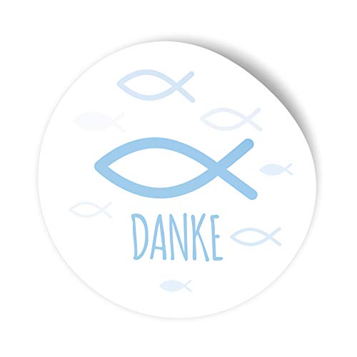 itenga 100x Sticker Aufkleber I Fisch Danke Hellblau I zum Basteln von Gastgeschenken I für Taufe, Kommunion, Konfirmation oder Firmung I 4,0 cm rund von itenga