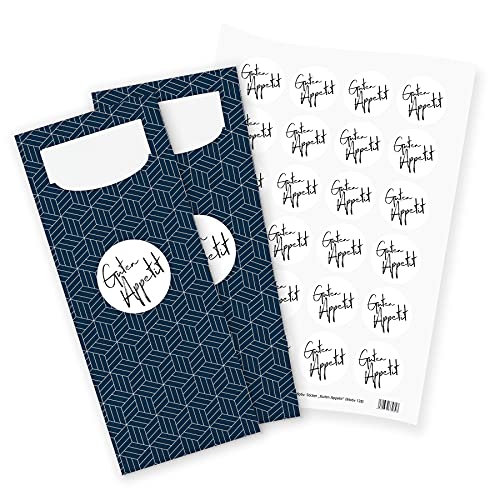 itenga 24x Bestecktaschen Guten Appetit dunkelblau mit Muster Pochetten inkl. Serviette und Sticker Aufkleber Tischdeko Einweggeschirr von itenga