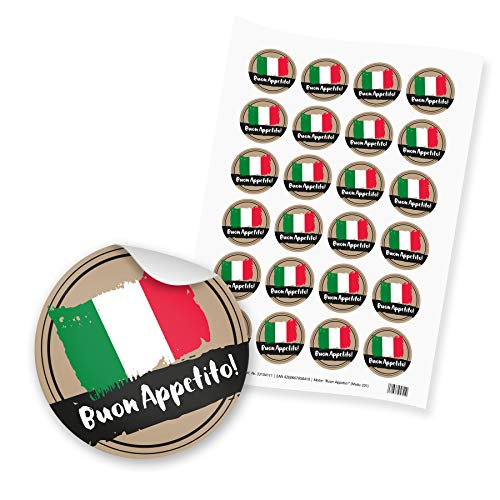 itenga 24x Sticker Aufkleber Buon Appetito! aus Papier I Scrapbooking, italienisch, Guten Appetit I DIN A4 Bogen I je 4.0 cm I rund, selbstklebend I ideal zum Basteln von Gastgeschenken von itenga