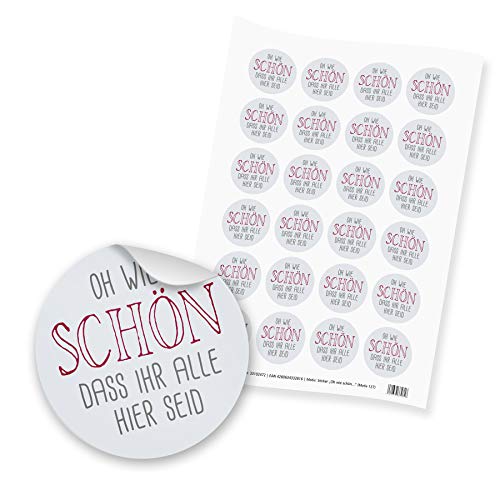 itenga 24x Sticker Aufkleber "Oh wie schön dass ihr alle hier seid" (Motiv 127) grau rot - Dinner Gäste Beisammensein Essen Trinken Feier von itenga