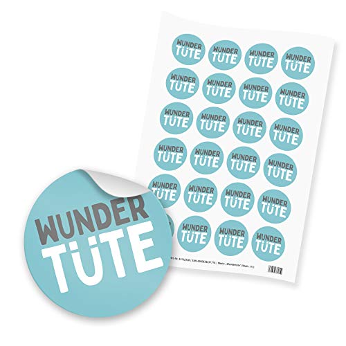 itenga 24x Sticker Aufkleber Wundertüte (Motiv 117) türkis grau weiß rund 4cm DIN A4 Bogen von itenga