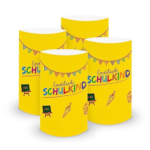 itenga 6X Windlicht Tischlicht aus Folie I Schulanfang Endlich Schuldkind Tafelmotiv I 10,0 x 21,0 cm I ideal als Tischdeko I geeignet für Teelichter oder LED-Kerzen (gelb) von itenga