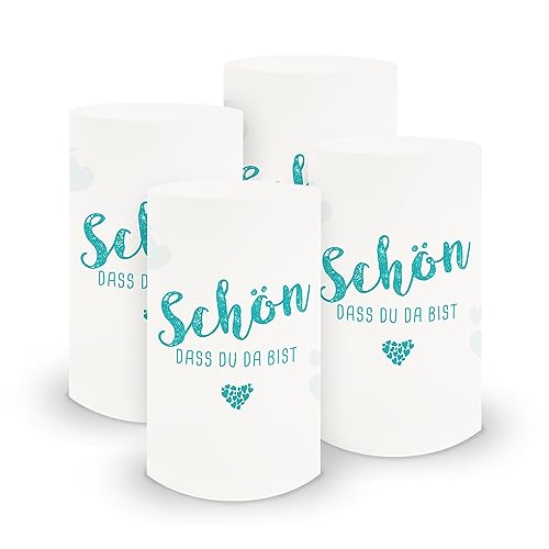 itenga 6X Windlicht Tischlicht aus Folie Schön DASS du da bist I 10,0 x 21,0 cm I ideal als Tischdeko für Jede Feierlichkeit I geeignet für Teelichter oder LED-Kerzen (türkisblau) von itenga