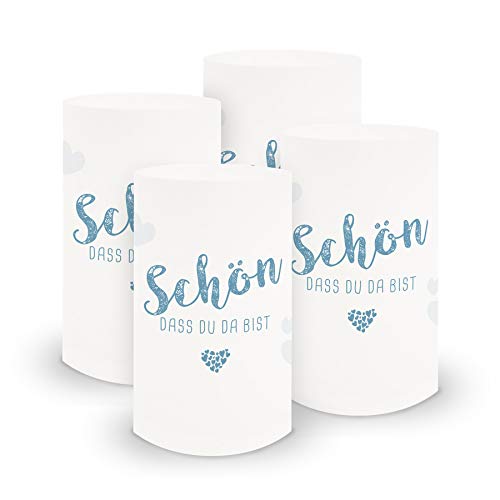 itenga 6x Windlicht Tischlicht aus Folie I Schön dass du da bist I 10,0 x 21,0 cm I ideal als Tischdeko für jede Feierlichkeit I geeignet für Teelichter oder LED-Kerzen (Hellblau) von itenga