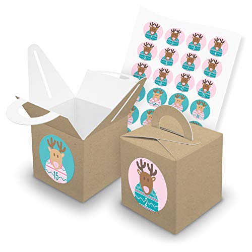 itenga Adventskalender Bastel-Set I 24 Geschenkboxen Würfel mit Griff aus Karton I Braun I verschließbar I Aufkleber mit den Zahlen 1 bis 24 Rentierbande Rosa Türkis von itenga