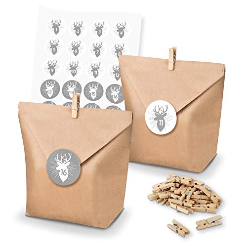 itenga Adventskalender Bastel-Set I 24 Geschenktüten aus Papier I Deko Holzklammern I Aufkleber mit den Zahlen 1 bis 24 Rentierkopf Grau Weiß von itenga
