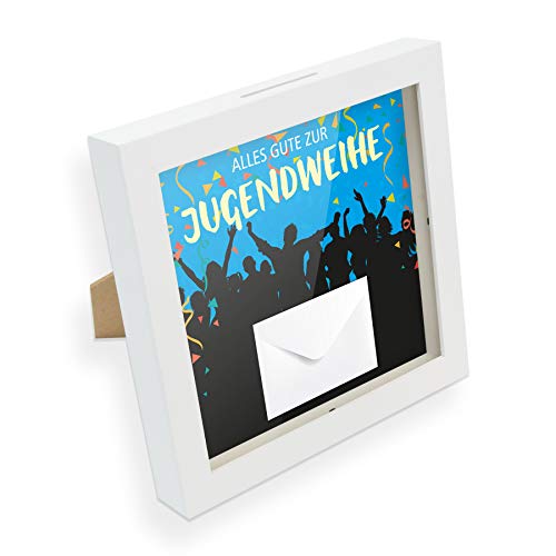 itenga Geldgeschenk I Spardose I Alles Gute zur Jugendweihe I Gutschein I Bilderrahmen zum Befüllen I Geschenkverpackung I Unisex, inkl. Einleger und Briefumschlag zum Dekorieren, Weiß von itenga