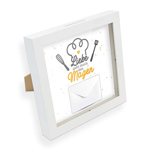 itenga Geldgeschenk I Spardose I Liebe geht durch den Magen I Gutschein/Geld für Essen Kochen Restaurant I Bilderrahmen zum Befüllen I Geschenkverpackung I inkl. Briefumschlag von itenga