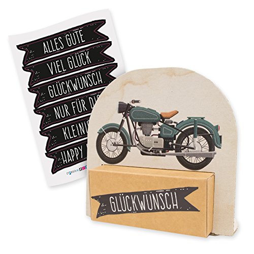 itenga Geldgeschenk oder Gastgeschenk Verpackung Motorrad Vintage mit Stickerbogen aus Karton 12x11,5cm von itenga