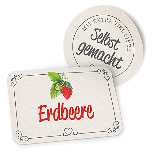 itenga Marmeladen Etikett Erdbeere Aufkleber selbstgemacht Sticker weiß Landhausstil selbstklebend - hochwertiges Papier - 10 Aufkleber rund und 10 Aufkleber rechteckig von itenga