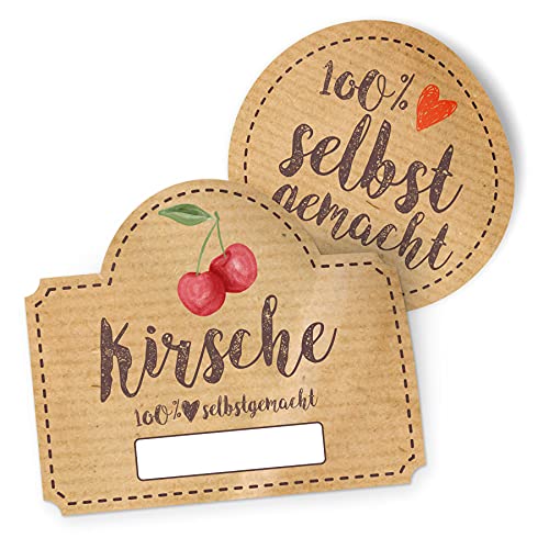 itenga Marmeladen Etikett Kirsche Aufkleber 100% selbstgemacht Sticker braun selbstklebend für Marmelade Einmachgläser Geschenke - hochwertiges Papier - 10 Aufkleber rund und 10 Aufkleber rechteckig von itenga