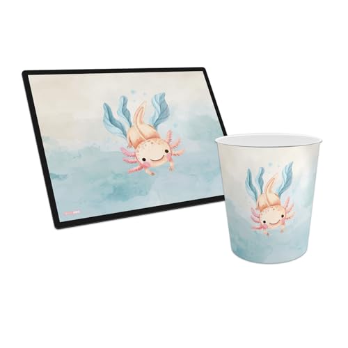 itenga Papierkorb mit Schreibunterlage mit Motiv im Set - Papierkorb für Kinder mit Motiv - rund ca. 11 Liter und passende Schreibtischunterlage (Motiv Axlotl) von itenga