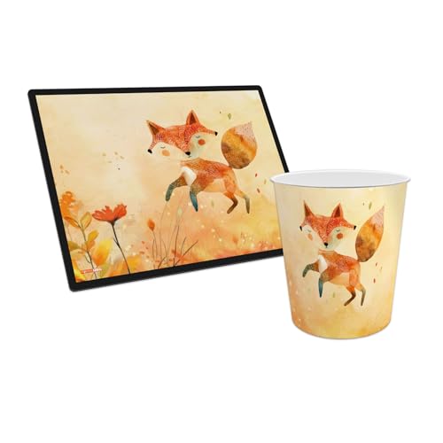 itenga Papierkorb mit Schreibunterlage mit Motiv im Set - Papierkorb für Kinder mit Motiv - rund ca. 11 Liter und passende Schreibtischunterlage (Motiv Fuchs) von itenga