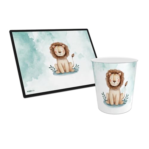 itenga Papierkorb mit Schreibunterlage mit Motiv im Set - Papierkorb für Kinder mit Motiv - rund ca. 11 Liter und passende Schreibtischunterlage (Motiv Löwe) von itenga