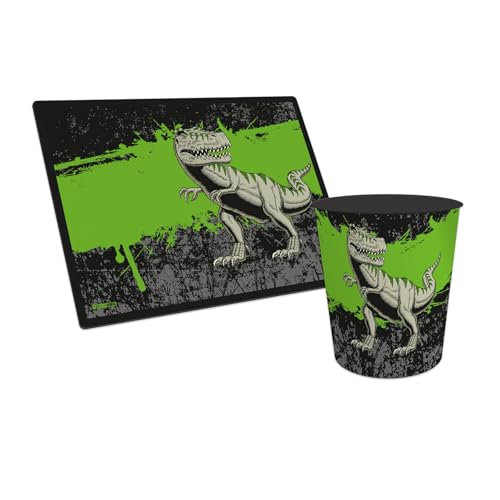itenga Papierkorb mit Schreibunterlage mit Motiv im Set - Papierkorb für Kinder mit Motiv - rund ca. 11 Liter und passende Schreibtischunterlage (Motiv T-REX) von itenga