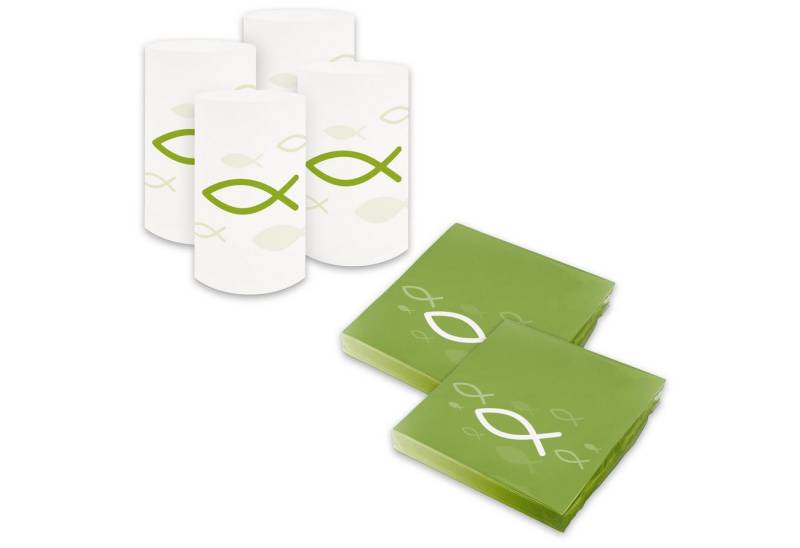 itenga Papierserviette itenga 6x Windlicht + 40x Servietten - Fisch - frühlingsgrün weiß von itenga
