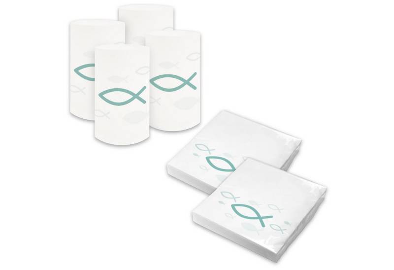 itenga Papierserviette itenga 6x Windlicht + 40x Servietten - Fisch - weiß türkis von itenga